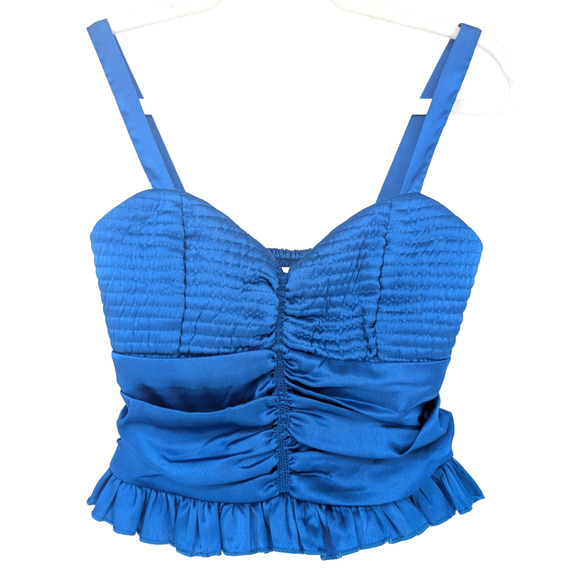 Blue Satin Renaissance Victorian Prairie Ruched Peplum Ruffle Smocked Camisole - Picture 1 of 7